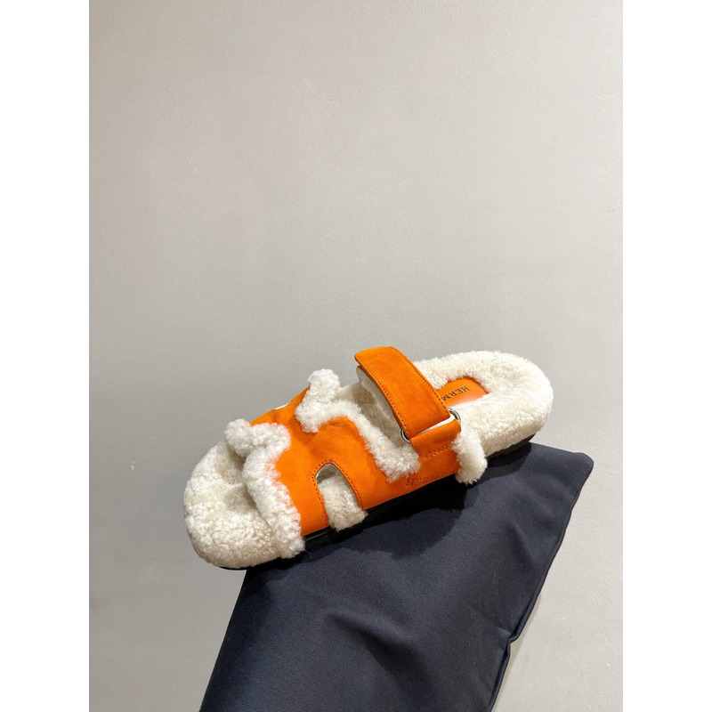 H**mes sandals with fur orange and white
