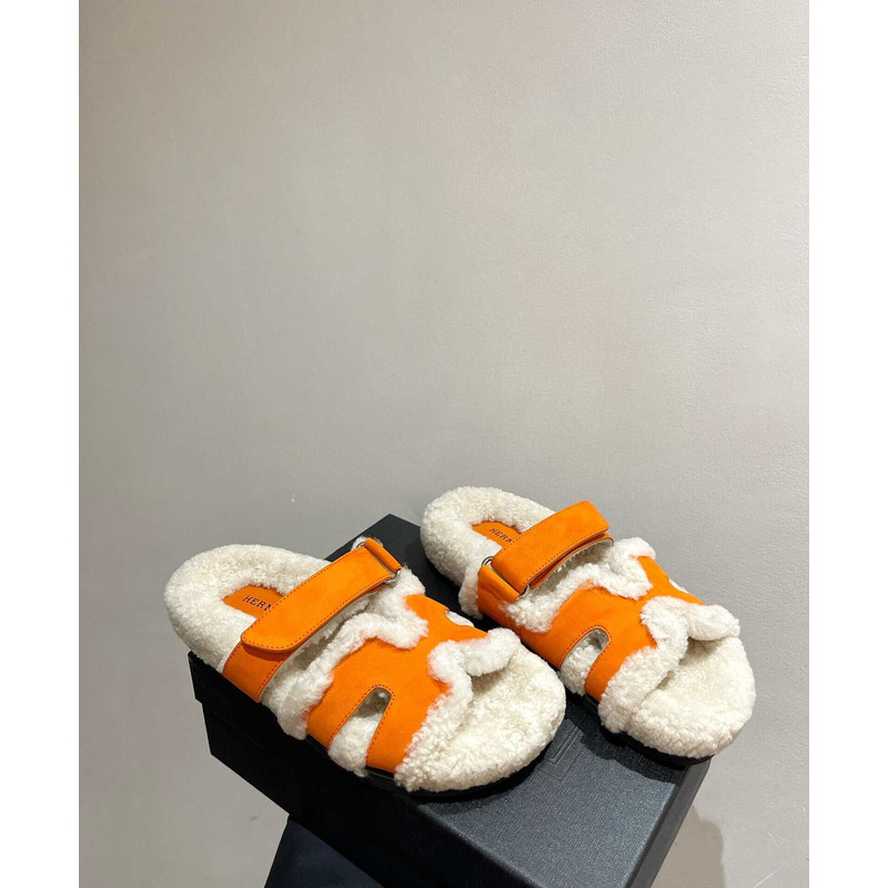 H**mes sandals with fur orange and white
