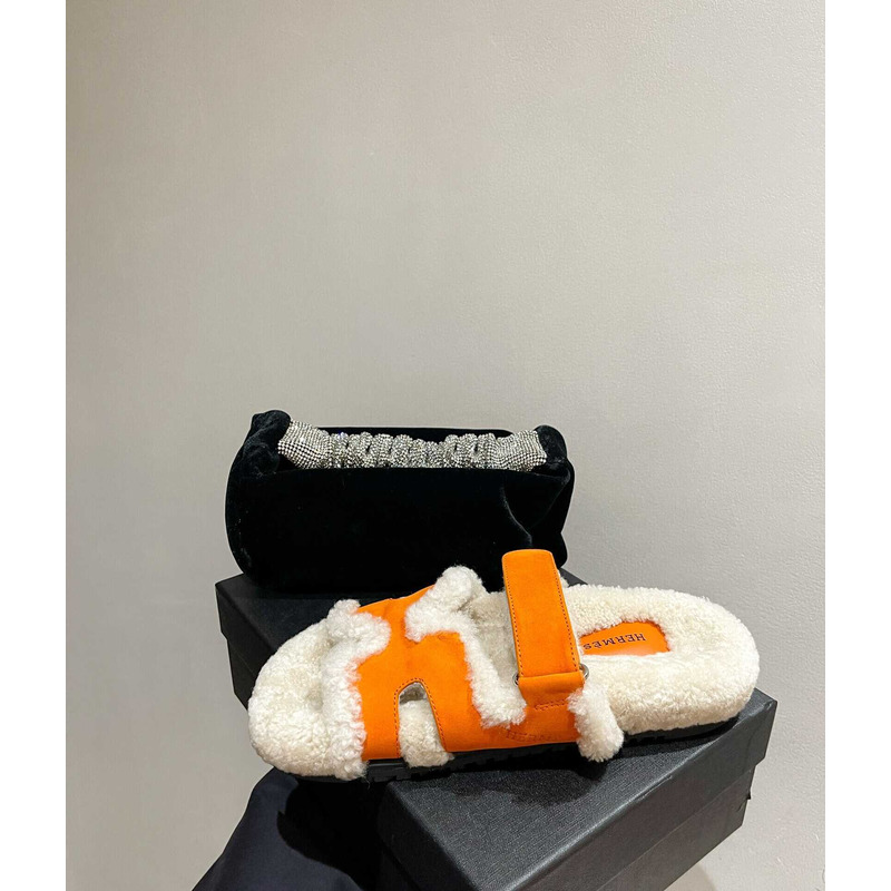 H**mes sandals with fur orange and white