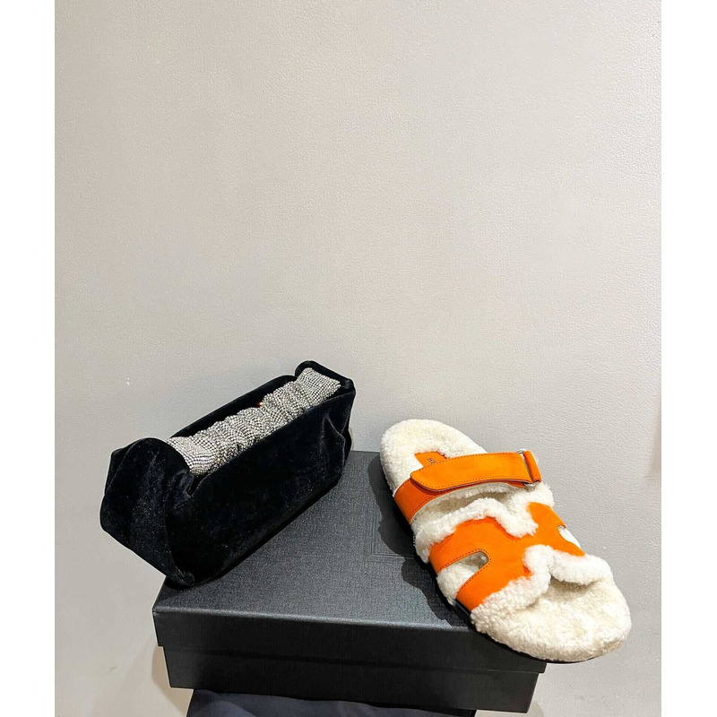 H**mes sandals with fur orange and white