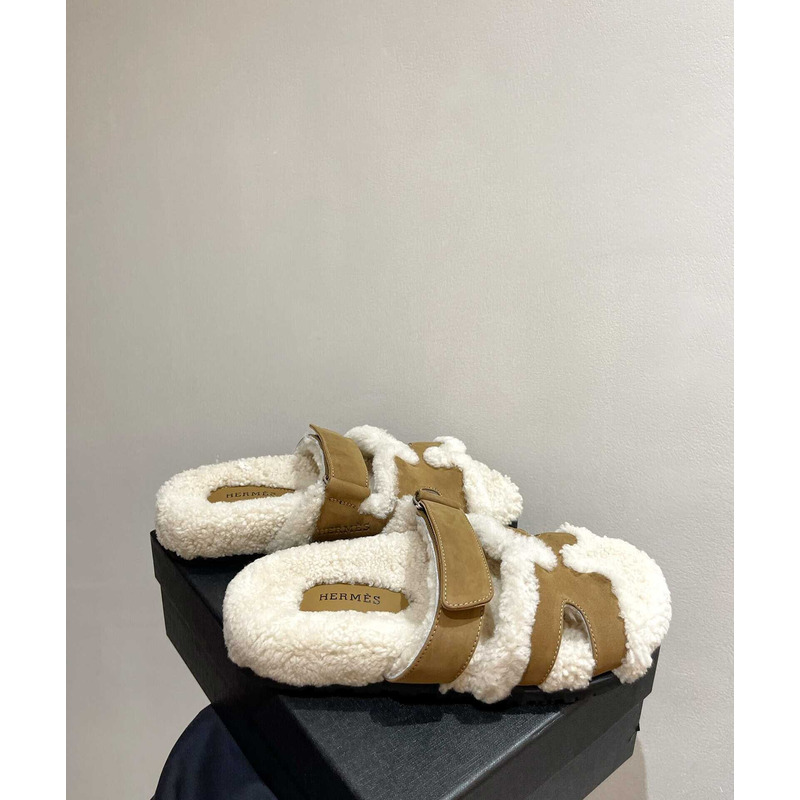 H**mes sandals with fur army green and white