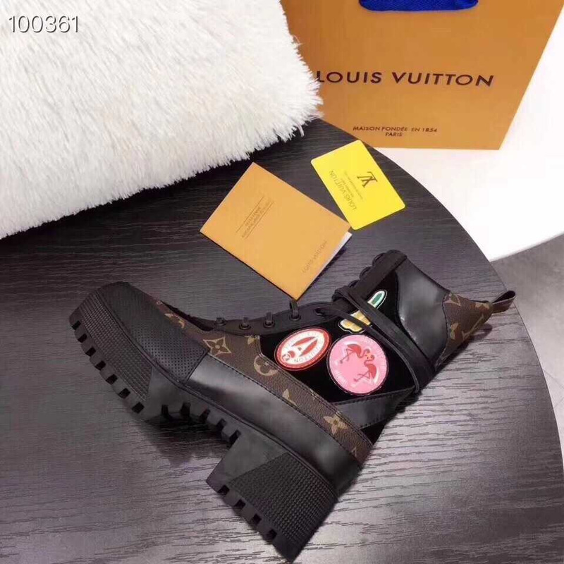 l**is V*t*n monogram canvas & suede patch work mid-calf combat boots