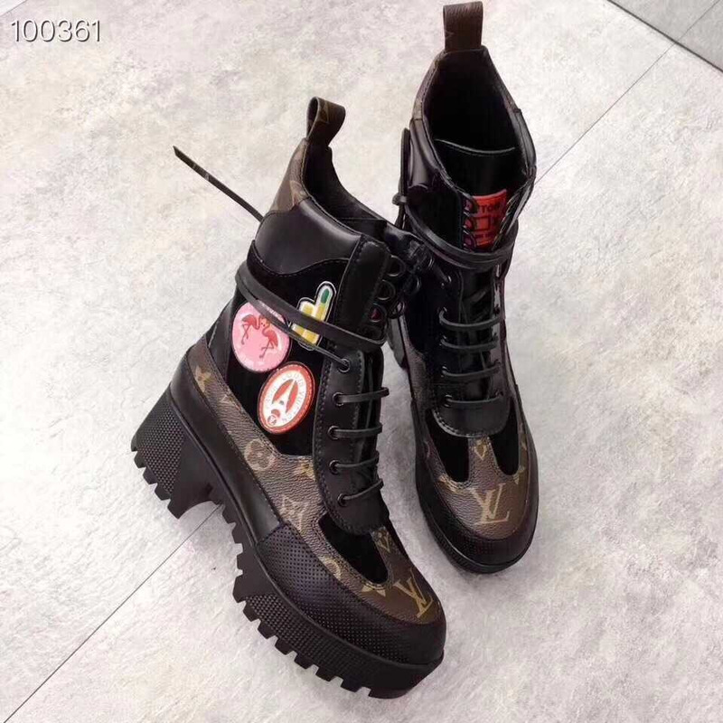 l**is V*t*n monogram canvas & suede patch work mid-calf combat boots