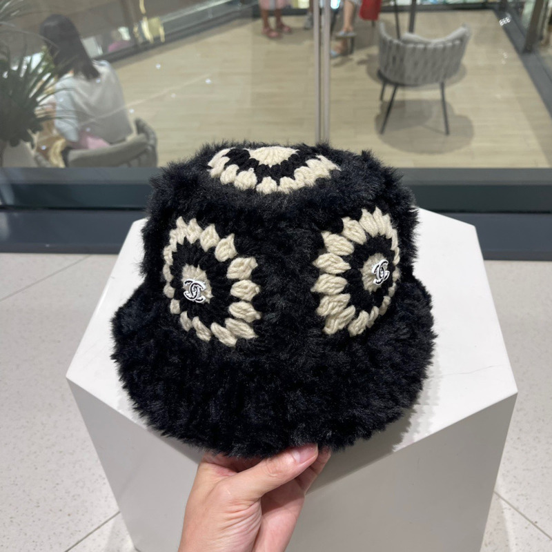 Ch*el knitted fur bucket cap black