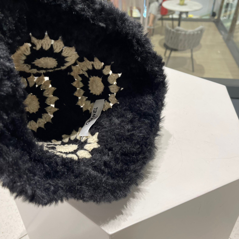 Ch*el knitted fur bucket cap black