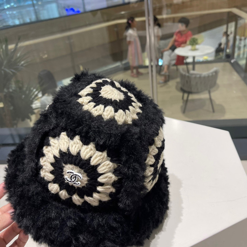 Ch*el knitted fur bucket cap black
