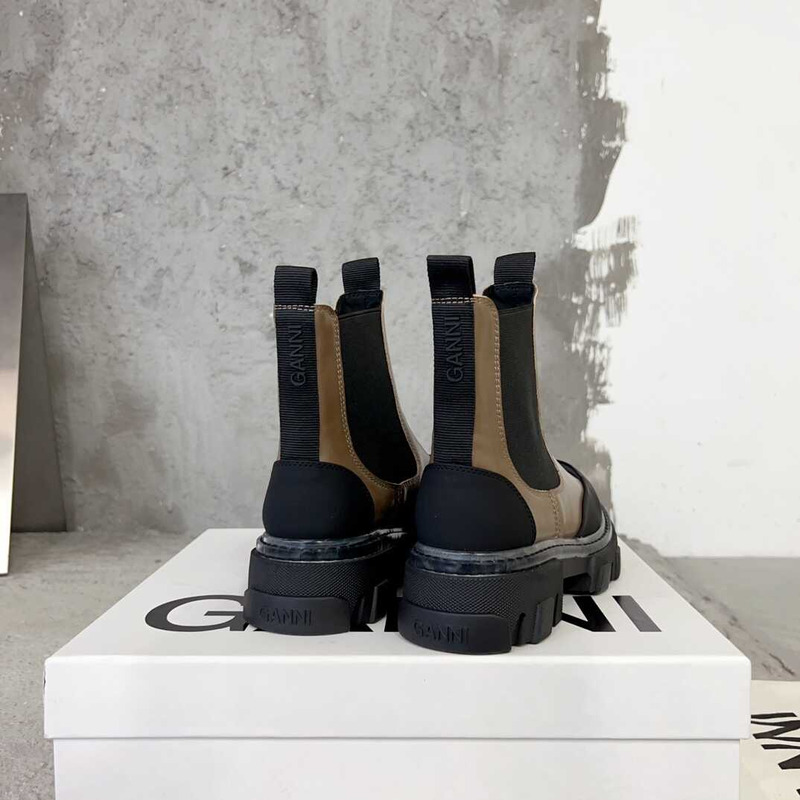 Ganni Patchwork Pullover Leather Ankle Boots Brown And Black