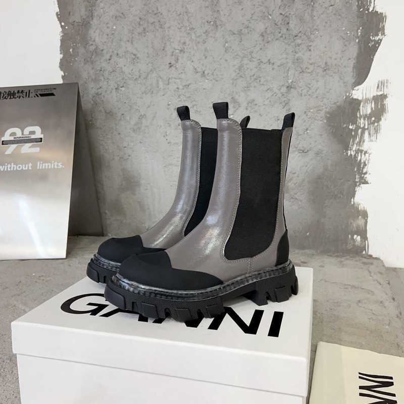 Ganni Mid Chelsea Leather Boots Grey And Balck