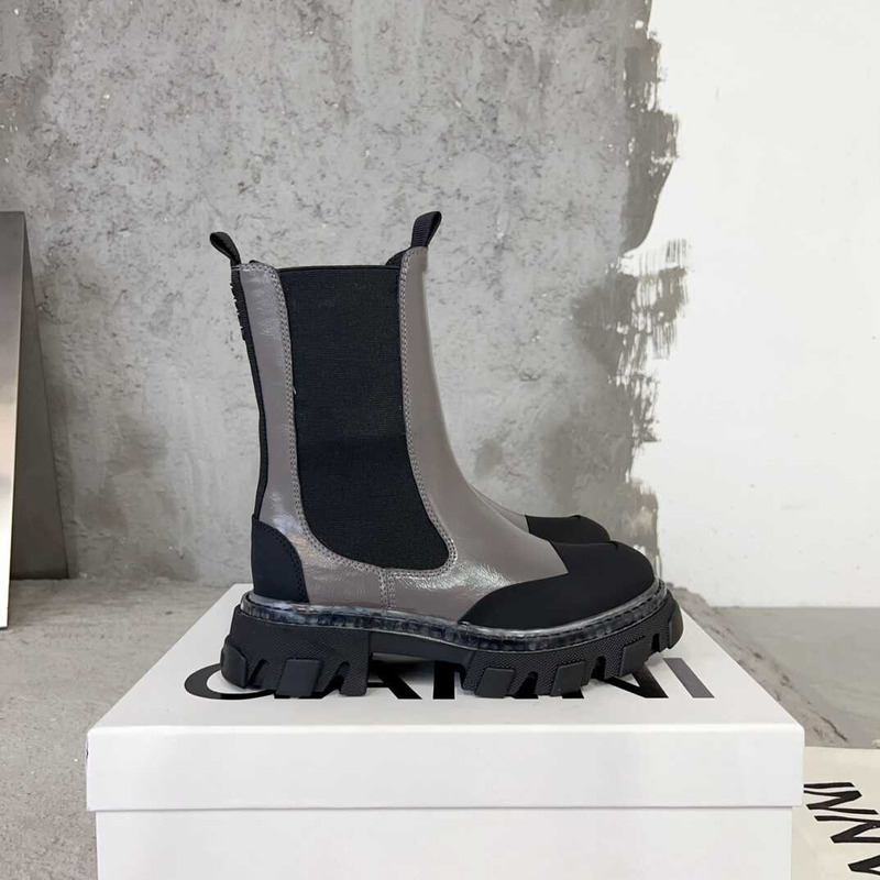 Ganni Mid Chelsea Leather Boots Grey And Balck