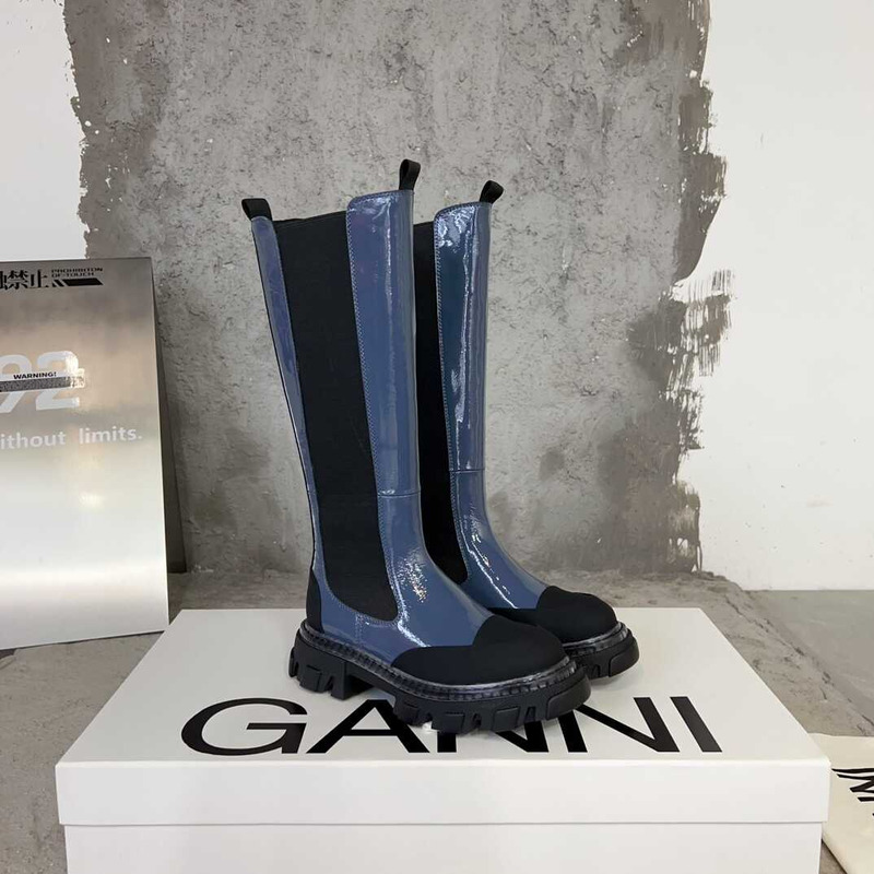 Ganni Cleated High Chelsea Boots Black And Blue