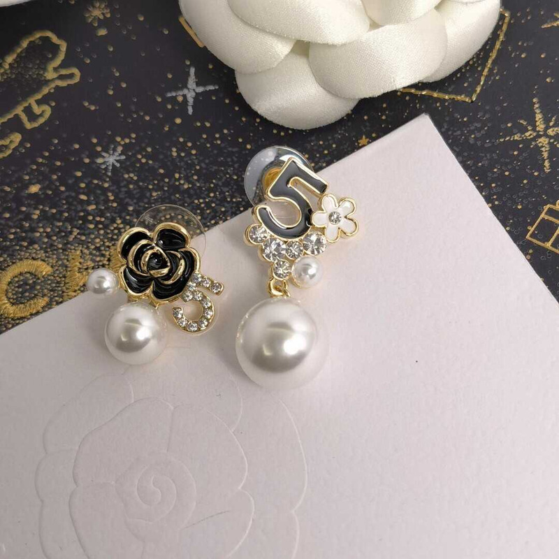 Ch*el pearl white black floral pendant earrings