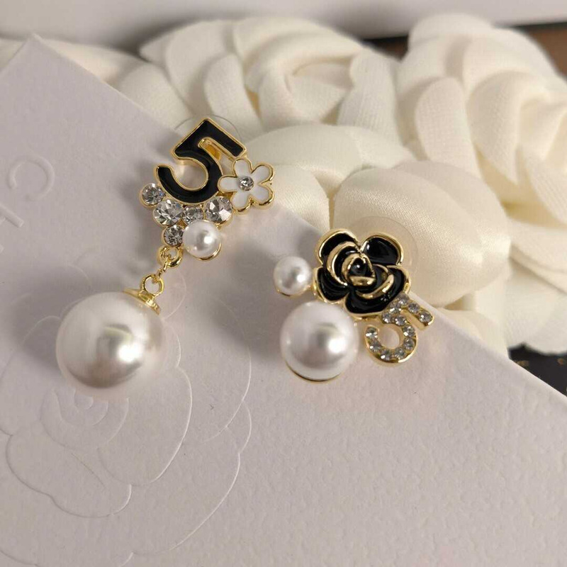 Ch*el pearl white black floral pendant earrings
