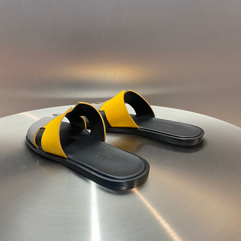 H**mes yellow grey  leather street style sandals