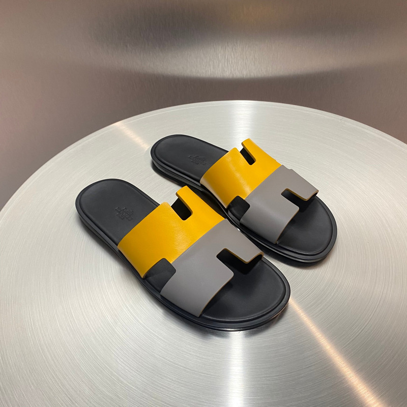 H**mes yellow grey  leather street style sandals