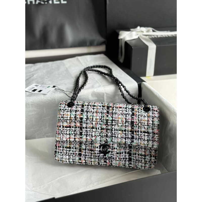 Ch*el double flap tweed shoulder bag multi color