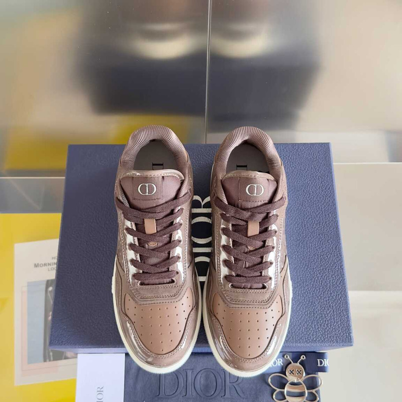 D*or b27 low-top sneakers patent cowhide oblique gravity print-effect leather brown