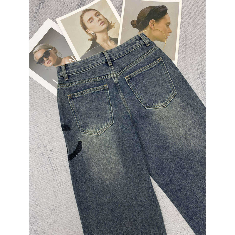 Ch*el cotton embroidered logo jeans darkblue