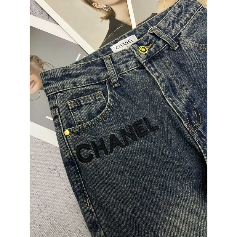 Ch*el cotton embroidered logo jeans darkblue