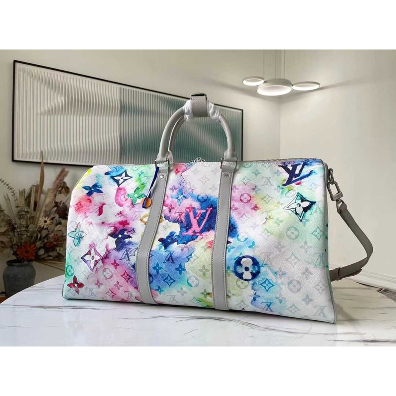 l**is V*t*n keepall bandoulière 50 embossed taurillon monogram cowhide leather bag watercolor