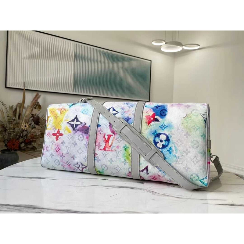 l**is V*t*n keepall bandoulière 50 embossed taurillon monogram cowhide leather bag watercolor