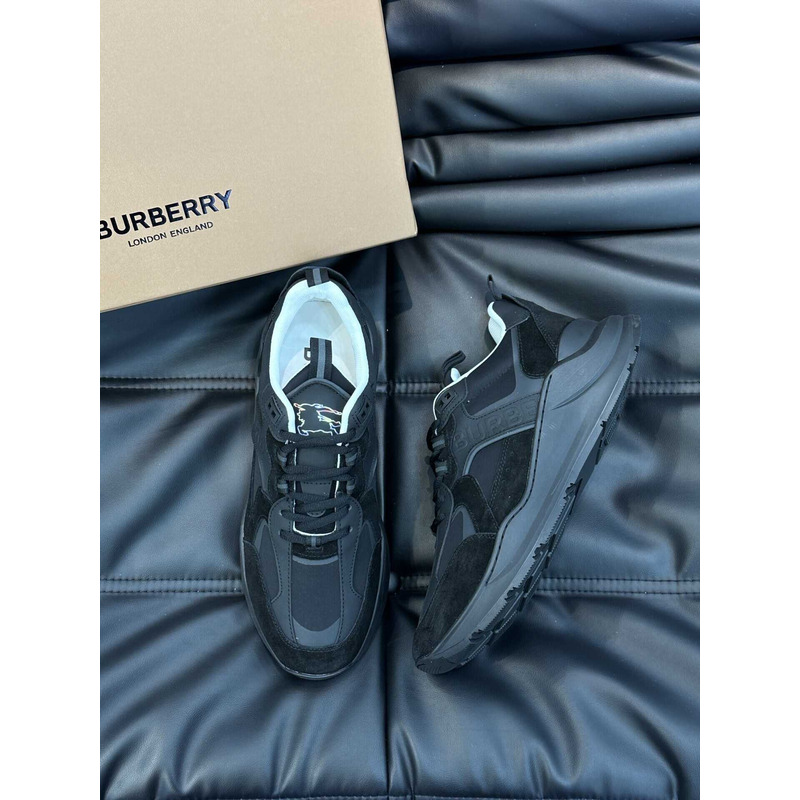 B**rry leather and suede logo print check sneaker black