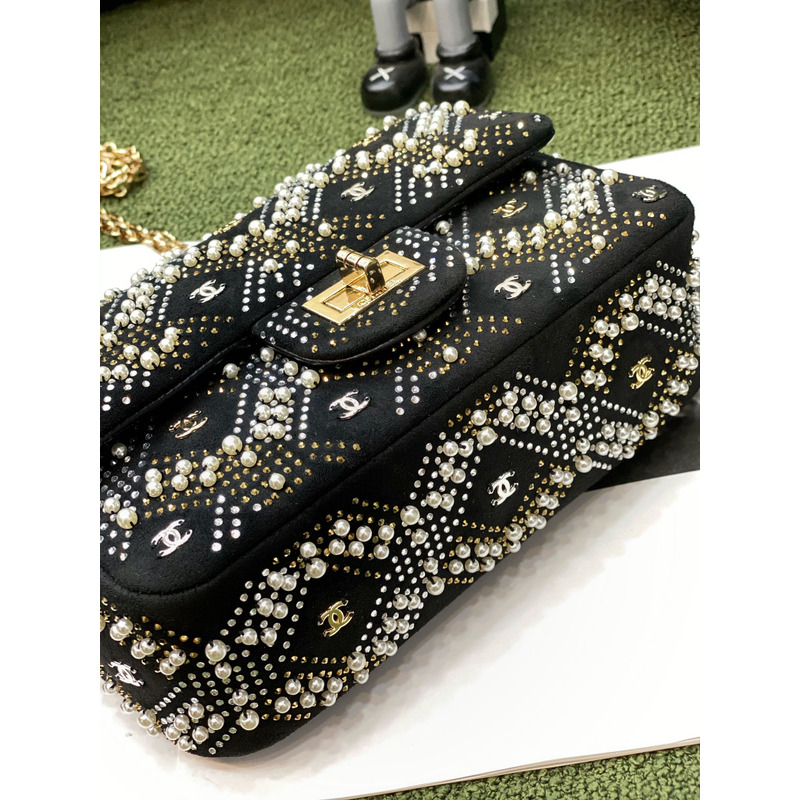 Ch*el crystal & pearl embellished classic flap shoulder bag black