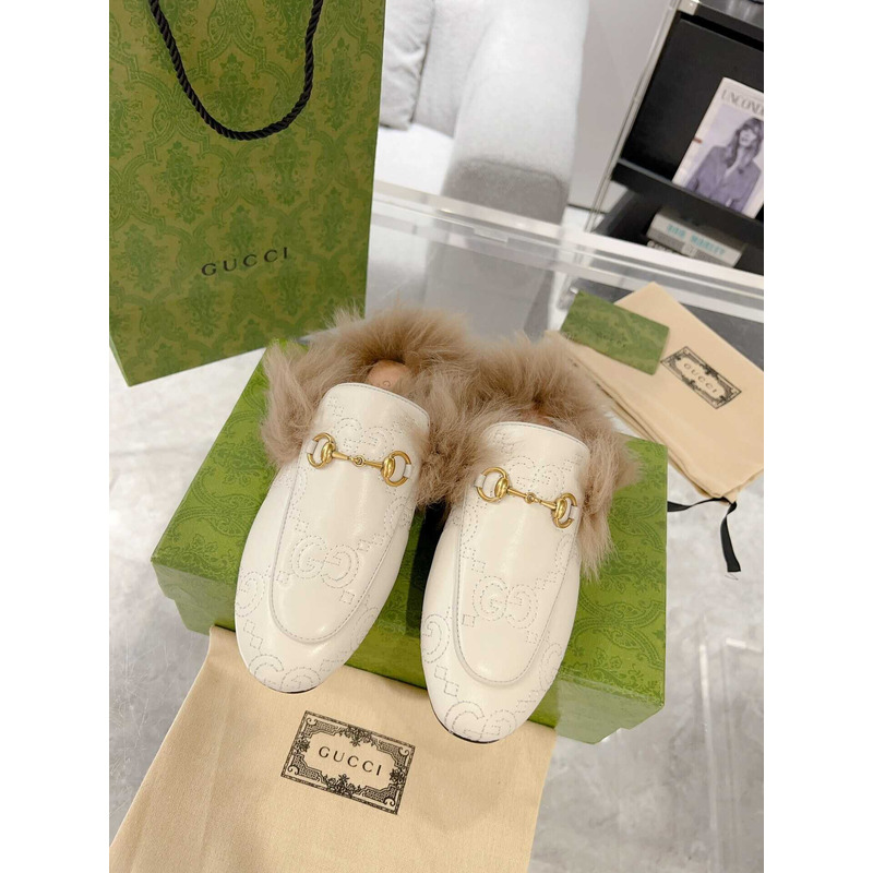 G*u*i women\''s princetown fur gg leather slippers weißes