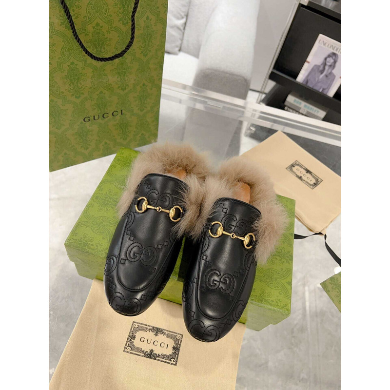 G*u*i women\''s princetown fur gg leather slippers black