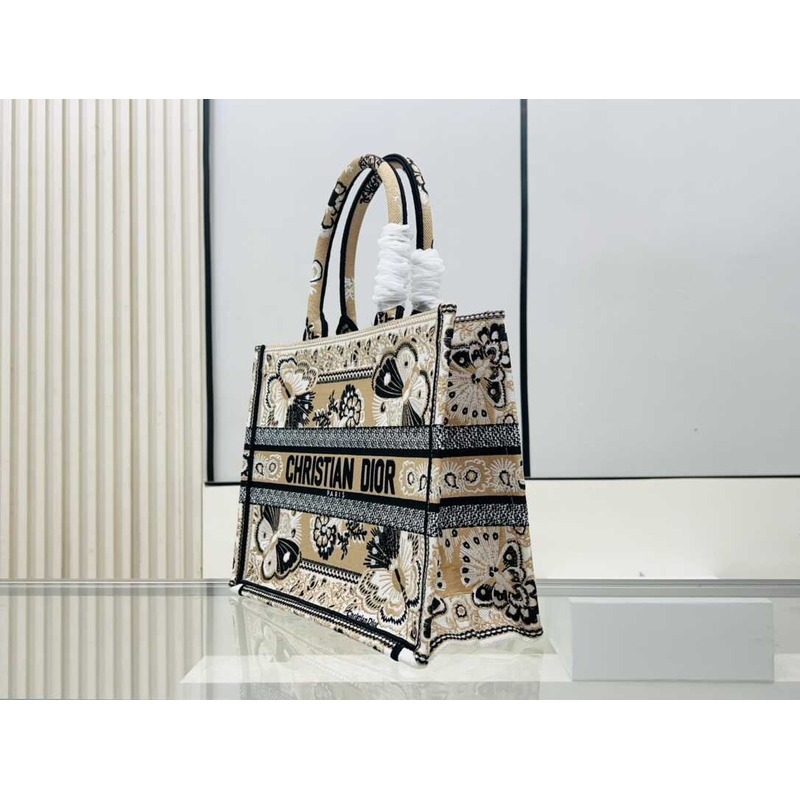 D*or medium book tote beige multicolor butterfly bandana embroidery
