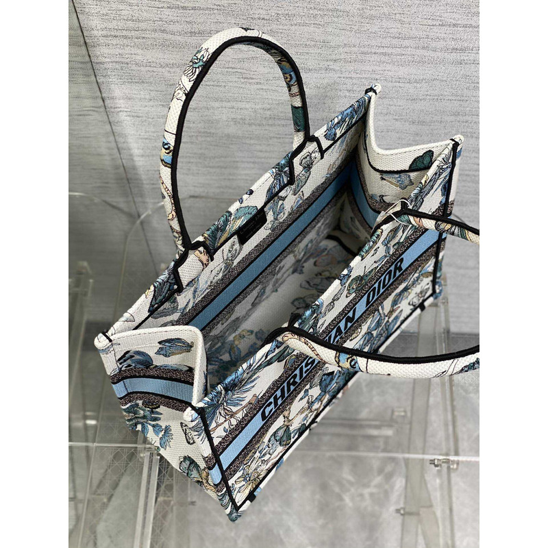 D*or medium book tote handbag butterfly embroidery white blue