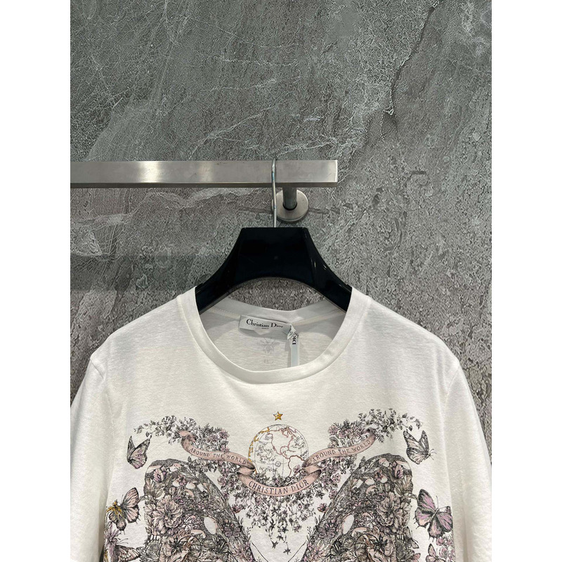 D*or t-shirt white cotton and linen jersey with pastel pink butterfly around the world motif