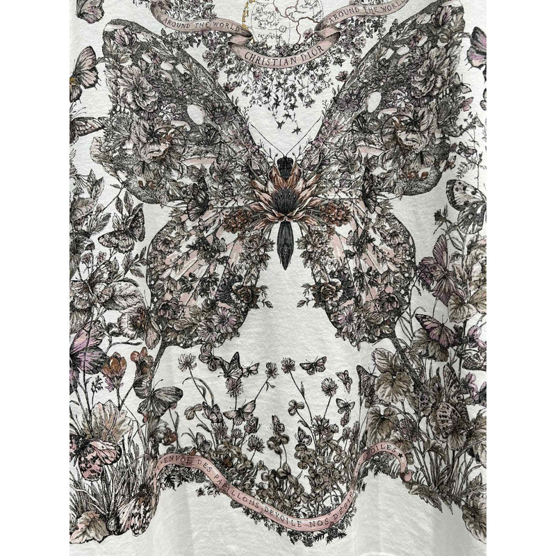D*or t-shirt white cotton and linen jersey with pastel pink butterfly around the world motif