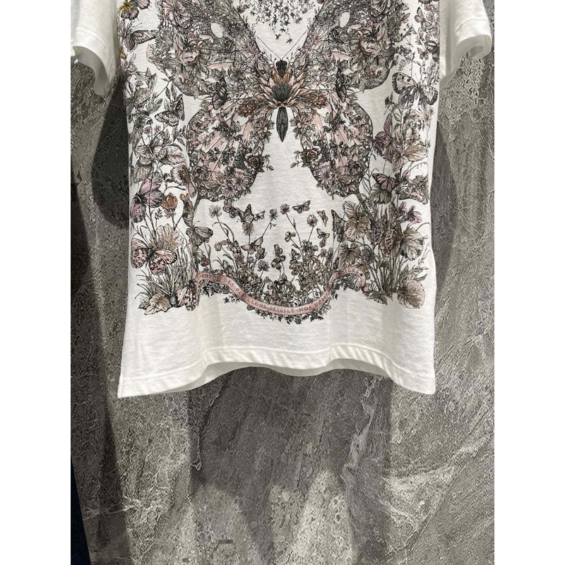 D*or t-shirt white cotton and linen jersey with pastel pink butterfly around the world motif
