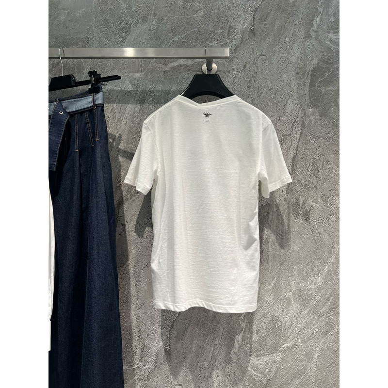 D*or t-shirt white cotton and linen jersey with pastel pink butterfly around the world motif