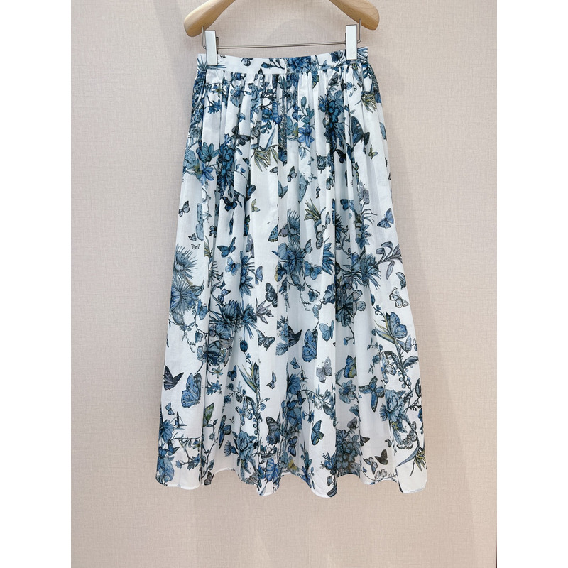 D*or lared mid-length skirt white and pastel midnight blue cotton voile