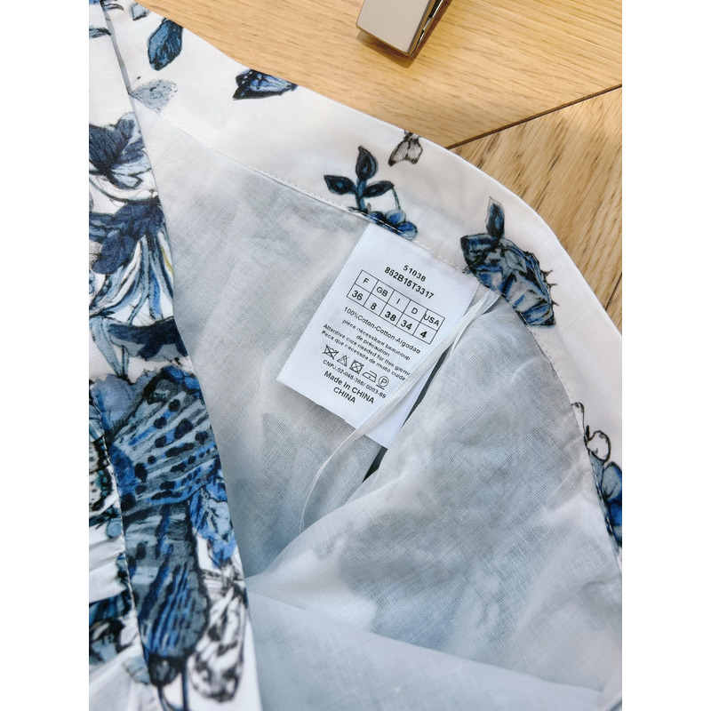 D*or lared mid-length skirt white and pastel midnight blue cotton voile