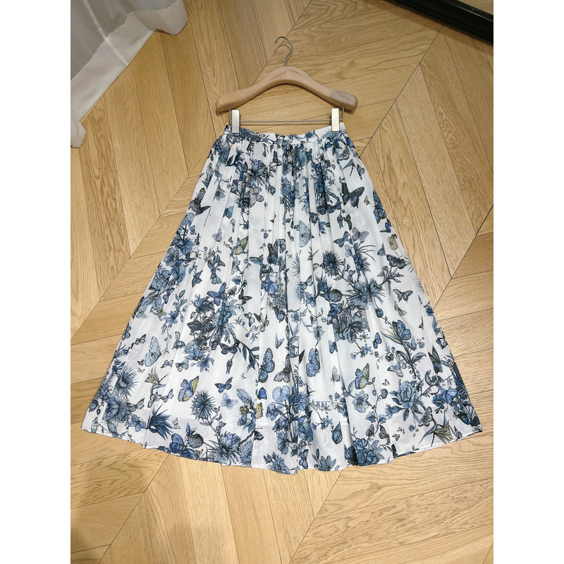 D*or lared mid-length skirt white and pastel midnight blue cotton voile