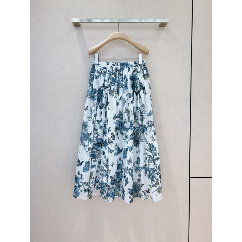 D*or lared mid-length skirt white and pastel midnight blue cotton voile