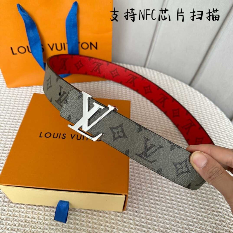 l**is V*t*n  initials 40mm reversible belt with silver lv initials buckle khaki green/red