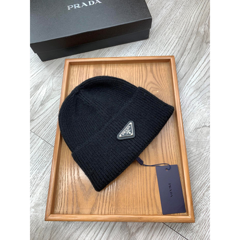 Pra*a logo rib knitted pullover hat black