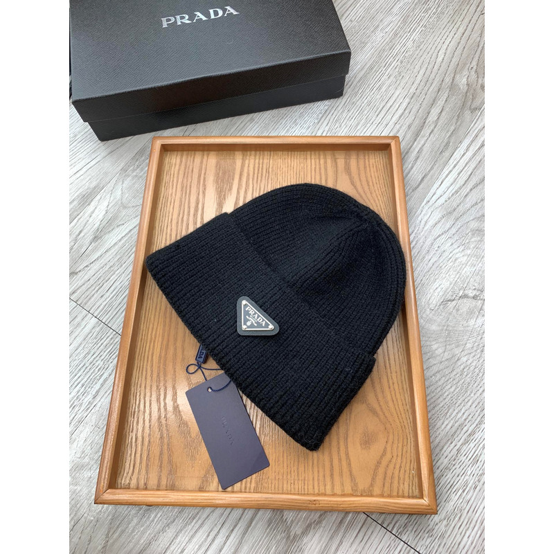 Pra*a logo rib knitted pullover hat black