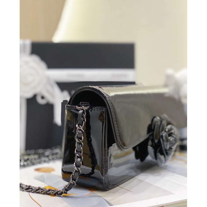 Ch*el small flap bag patent calfskin and black-tone metal coral black