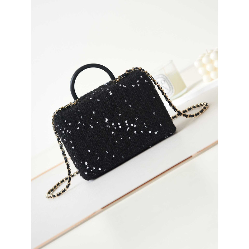 Ch*el small box bag tweed sequins & gold-tone metal black