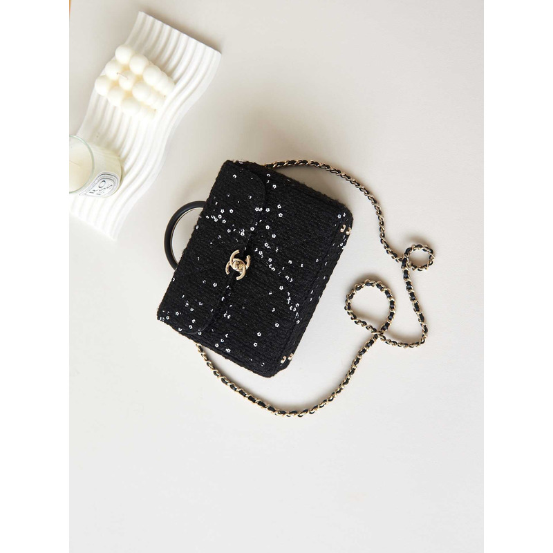 Ch*el small box bag tweed sequins & gold-tone metal black