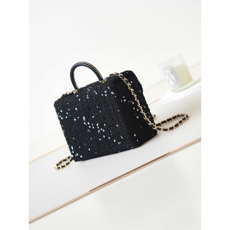 Ch*el small box bag tweed sequins & gold-tone metal black