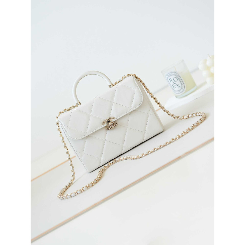 Ch*el top handle calfskin bag white