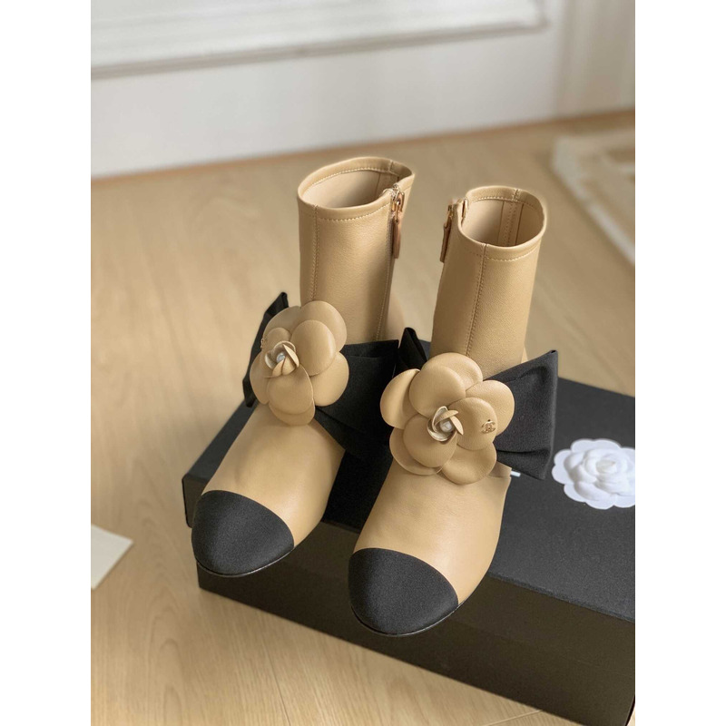 Ch*el short boots suede kidskin & grosgrain brown