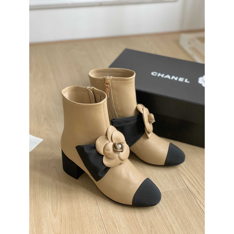 Ch*el short boots suede kidskin & grosgrain brown