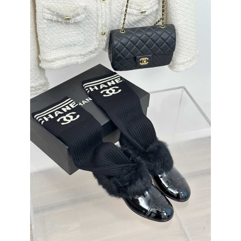 Ch*el short boots patent lambskin & shearling lambskin black