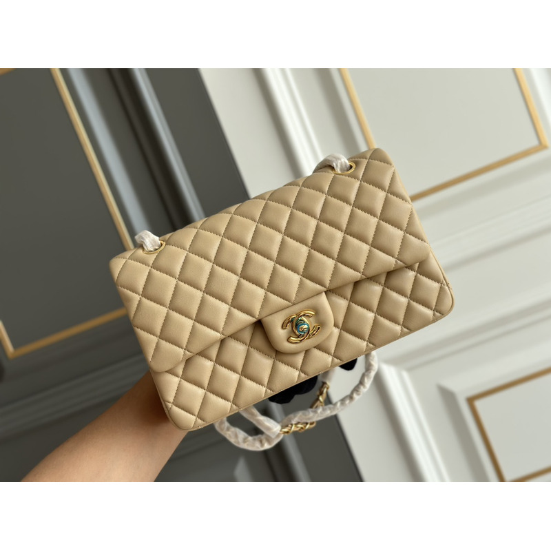 Ch*el classic quilted medium double flap beige lambskin